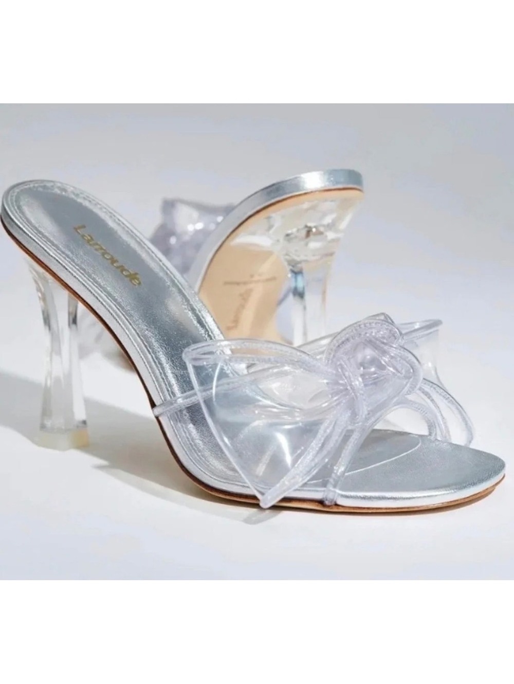 Larroudé Mariah Silver Clear Vinyl Bow Heels Size 7